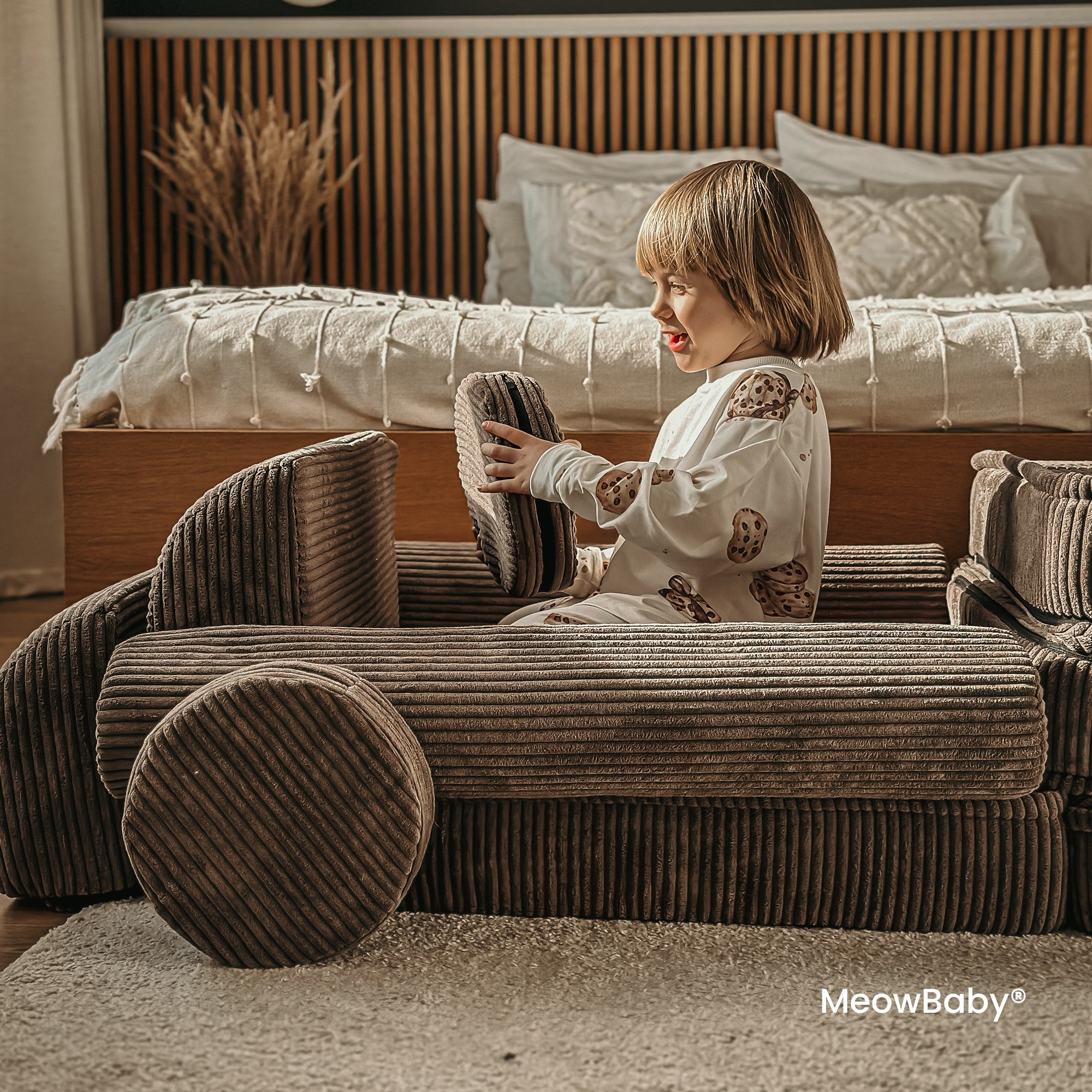 Nagy moduláris kanapé gyerekeknek – prémium kordbársony, ekrü – MeowBaby